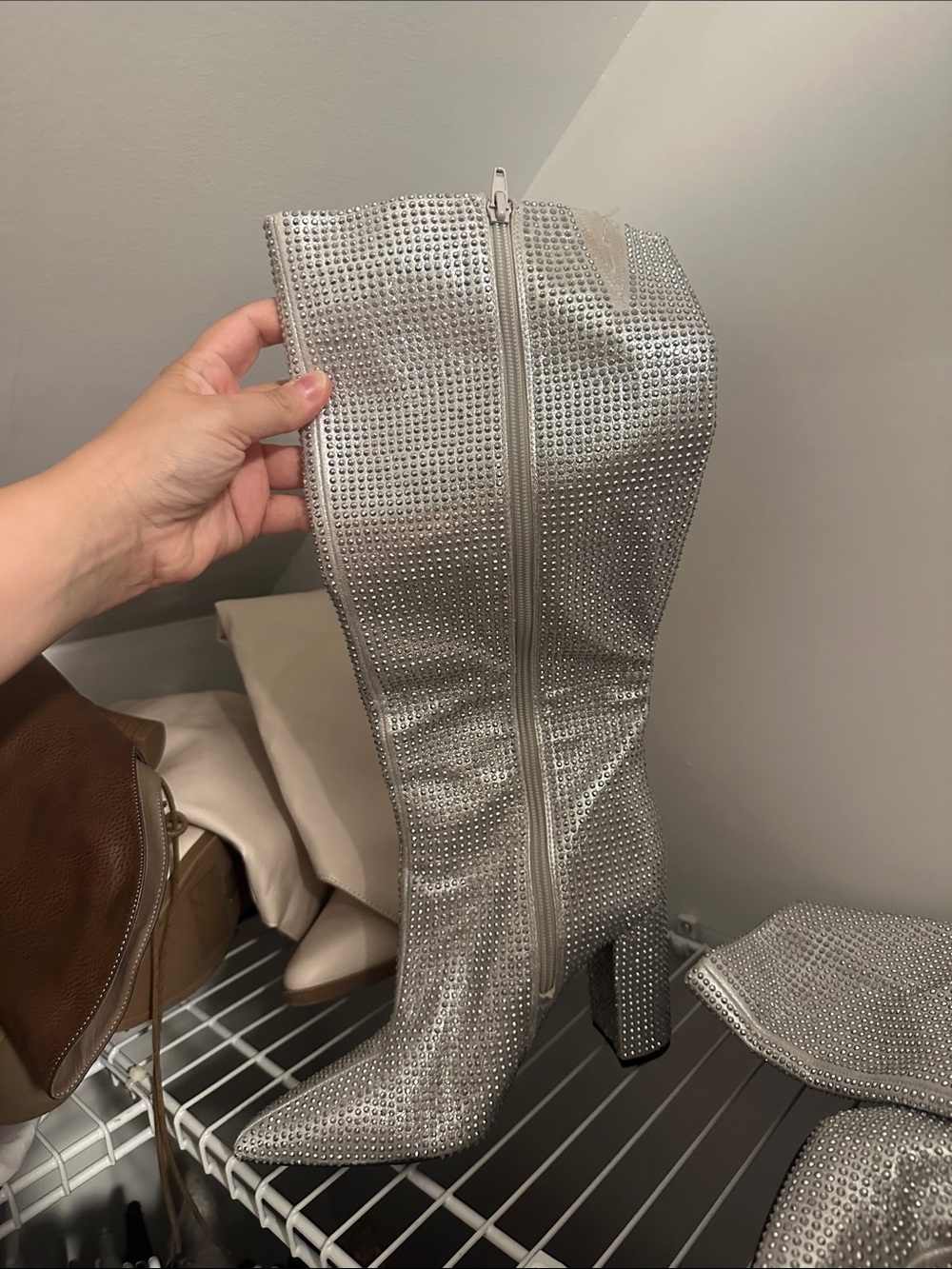 Mix No. 6 Silver Rhinestone Over-the-Knee Block Heel Boots
